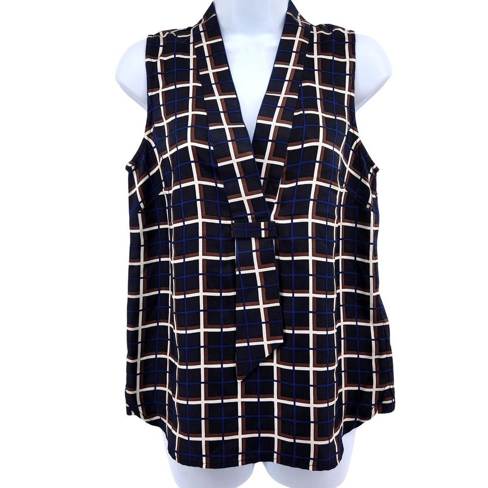 J.Crew Silk Sleeveless Tie Neck Top Womens 2 Plaid Navy Blue Brown Windowpane - Picture 1 of 7